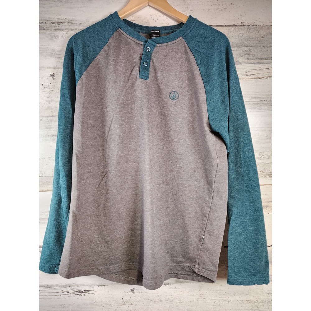 Volcom Henley Shirt Mens Large Gray Teal Raglan Long Sleeve Logo Casual Skate